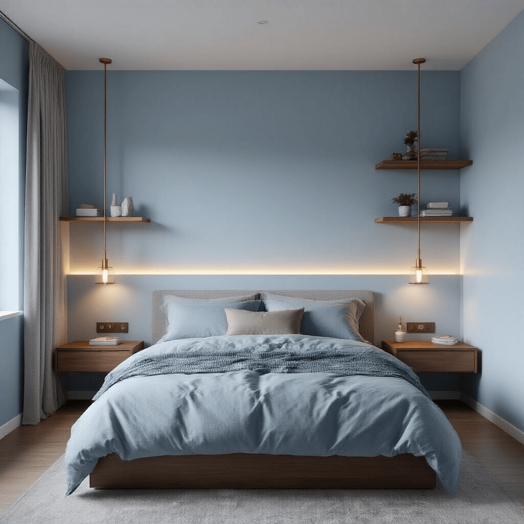 A serene 9x11ft bedroom captured during blue hour, featuring pale powder blue walls and ceiling, walnut wall-mounted nightstands, a low-profile bed with ambient LED lighting, and floor-to-ceiling floating shelves with minimalist decor, all complemented by brushed brass hardware and frosted glass fixtures.