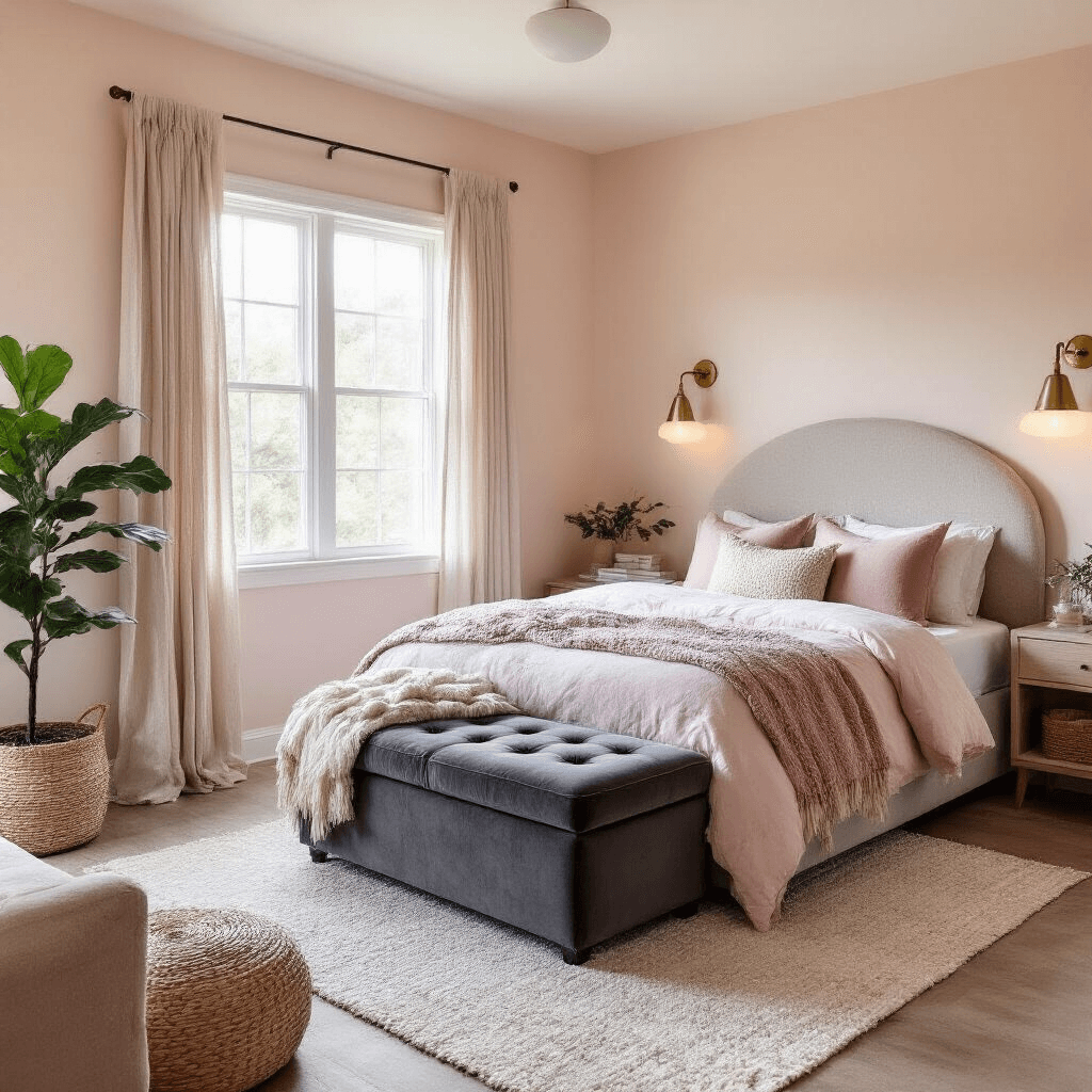 A cozy 10x10ft bedroom featuring soft blush walls, a charcoal velvet storage ottoman at the foot of a rounded bed, and layered lighting from wall sconces, captured in soft afternoon light. The space includes textural elements like wool throws, woven baskets, and a fiddle leaf fig, all enhancing the room's inviting atmosphere.