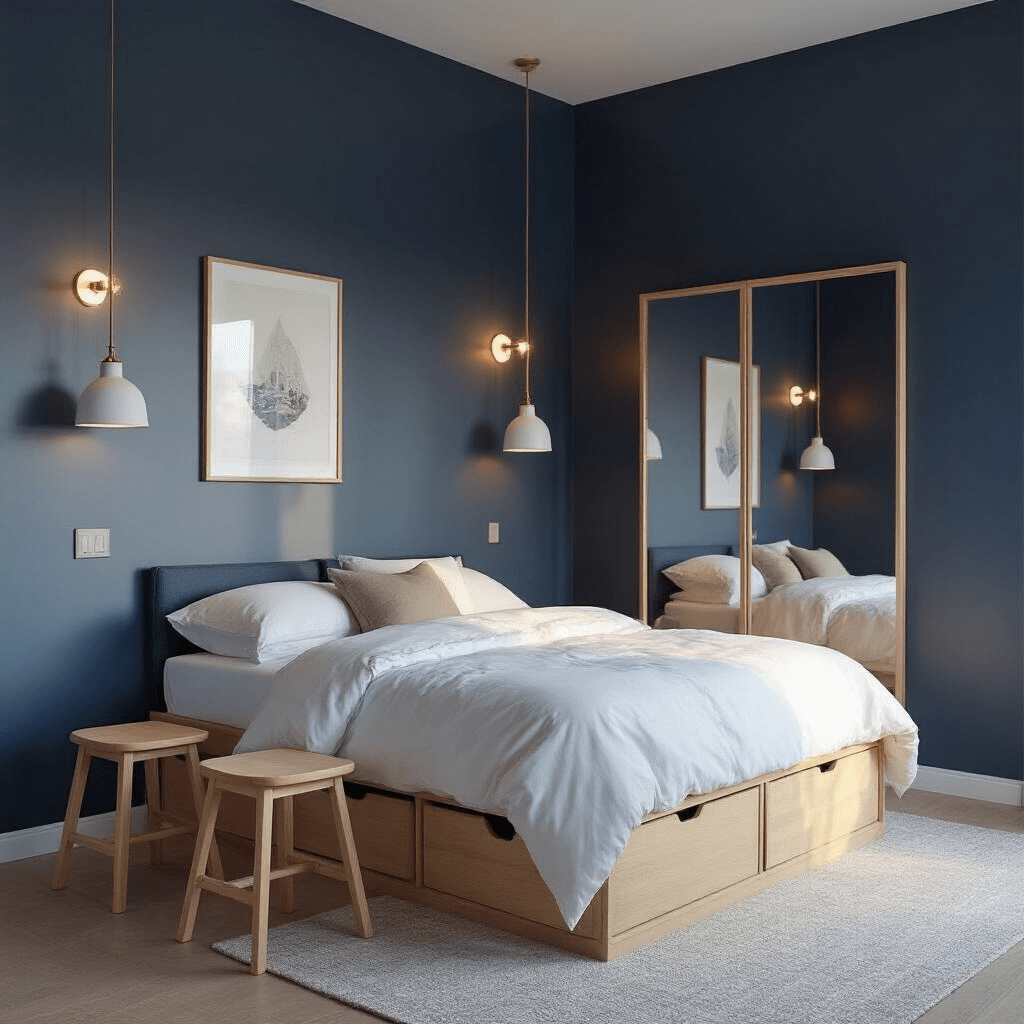 A cozy 8x12ft bedroom at dusk featuring a centrally placed bed with storage drawers against a navy wall, light wood stacking stools, mirrors reflecting natural light, and warm wall sconces, all styled with white bedding and geometric storage solutions.