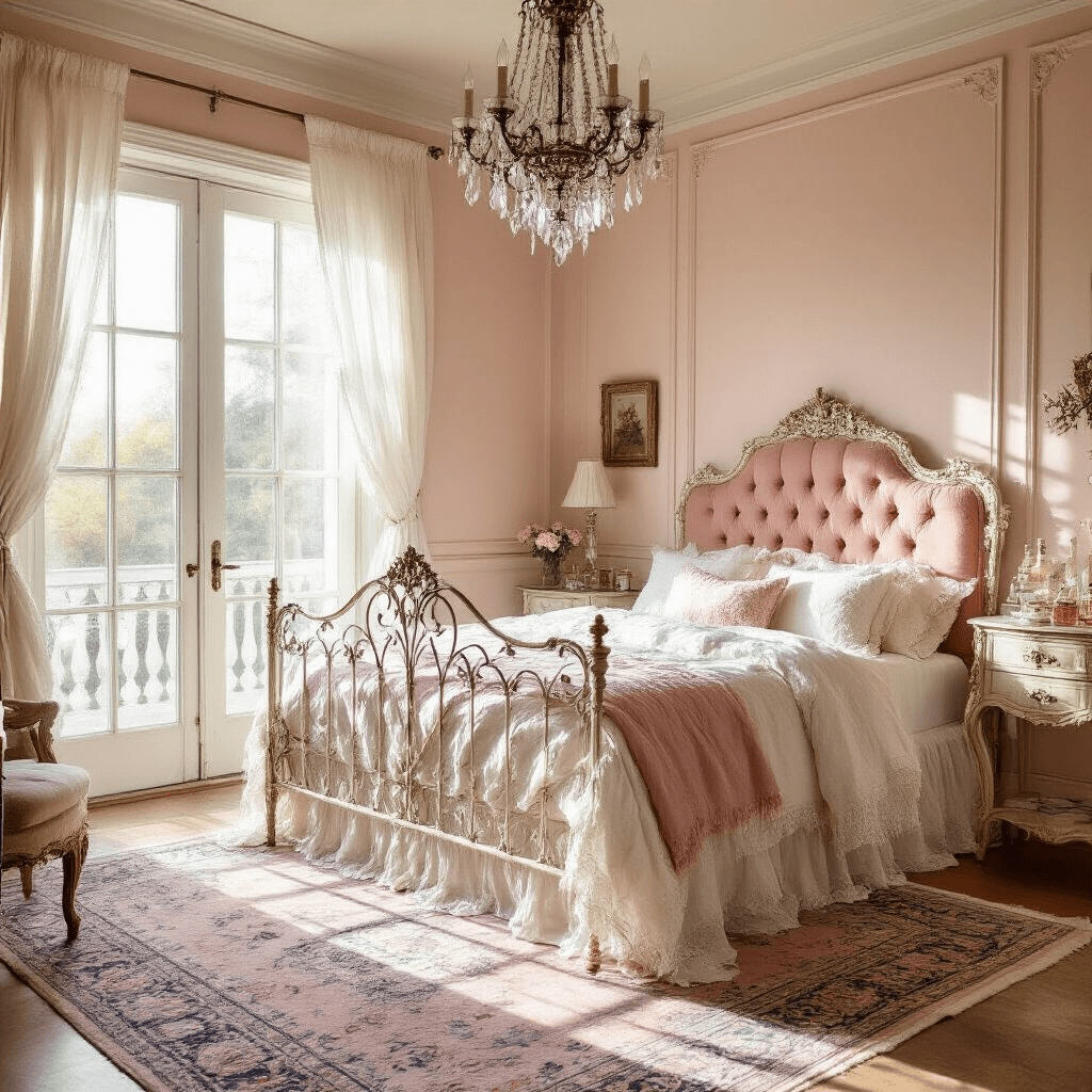 Vintage feminine bedroom with antique white iron bed, dusty rose and cream bedding, blush pink tufted velvet headboard, and a crystal chandelier, bathed in golden hour light.