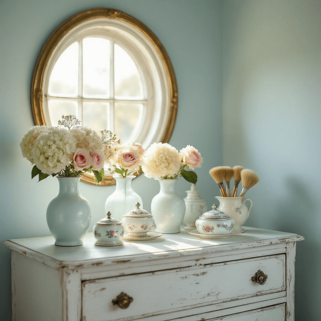 Intimate vintage feminine bedroom corner at dawn featuring a weathered white dresser under a round brass-framed window, illuminated by morning light. Milk glass vases with dried hydrangeas and roses of varying heights, an antique silver-backed brush set, and delicate porcelain trinket boxes are arranged on pale blue walls, contrasting with warm wooden floorboards. The shot is taken from a low angle with soft focus on foreground elements and crystalline detail on the central arrangement.