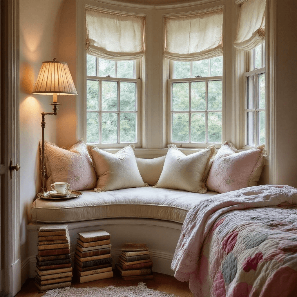 Cozy reading nook in a vintage feminine bedroom at dusk, featuring a curved bay window with a cream velvet cushioned seat, stacked vintage books, a brass floor lamp with a pleated silk shade, handmade pastel quilts, and an antique teacup on a silver tray, all captured in warm mixed lighting.