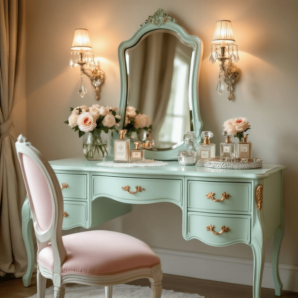 Elegant French provincial-style vanity in soft mint with gold hardware, vintage beveled mirror reflecting warm light, art deco perfume bottles, silver grooming set, delicate lace doilies, fresh garden roses, and a ghost chair with a blush pink cushion, all beautifully arranged in afternoon light.