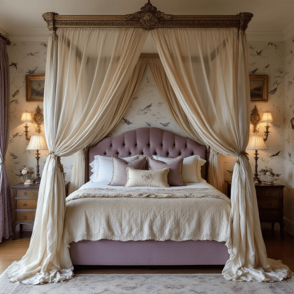 Dramatic vintage feminine bedroom featuring a four-poster bed with sheer champagne silk canopy, tufted lavender velvet headboard, layered bedding with chenille spread and damask shams, and an antique gallery wall, photographed at twilight with warm and cool lighting.