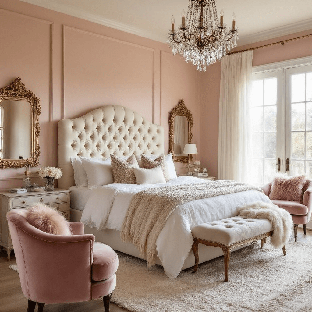A sunlit bedroom with blush pink walls, featuring a tufted cream headboard adorned with silk pillows, a vintage chandelier, velvet dusty rose chairs, and flowing sheer curtains, all captured in soft focus at golden hour.