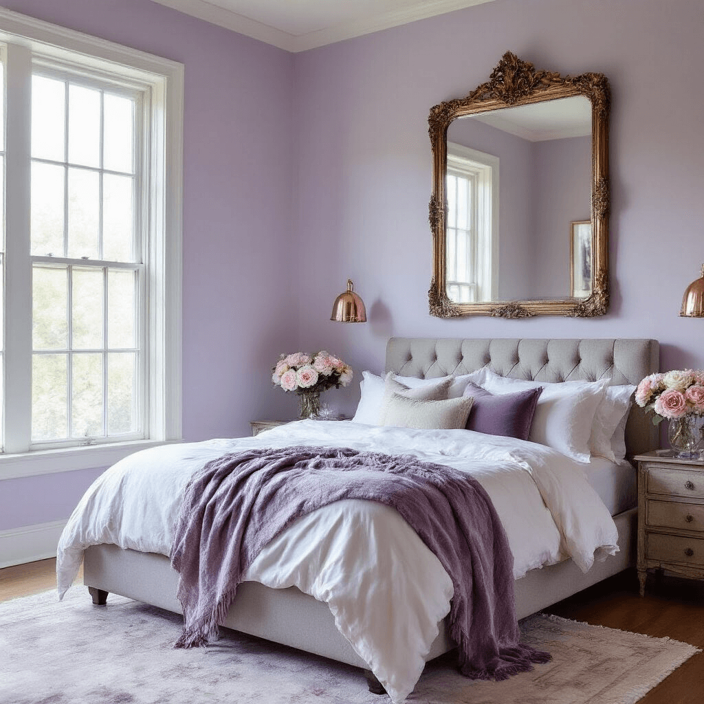 A cozy bedroom featuring soft lavender walls, a pearl-gray upholstered bed layered with white and violet textiles, and an oversized antiqued mirror reflecting natural light from floor-to-ceiling windows, accented by rose gold metallics and vintage crystal vases with fresh peonies.