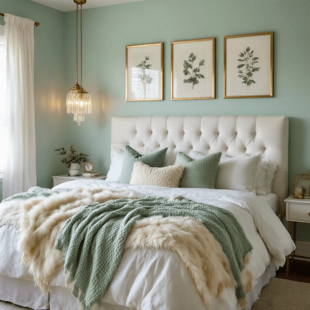 A cozy 10x12ft bedroom at dusk, featuring a mint green accent wall, white tufted headboard with silk pillowcases and faux fur throws, gold-framed botanical prints on the wall, crystal pendant lights, and vintage brass details, all illuminated by soft filtered blue hour light through white sheer curtains.