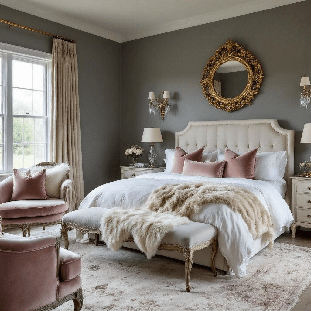 Sophisticated master bedroom with dove gray walls, an ivory upholstered bed draped in white silk bedding, blush velvet pillows, and a champagne faux fur throw, featuring vintage velvet chairs, an ornate gold mirror, and crystal sconces, captured in bright natural light with a wide-angle perspective.