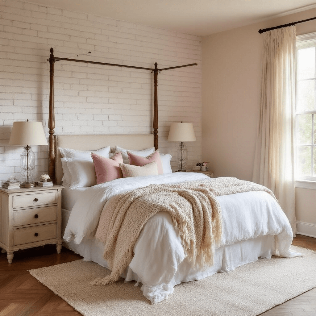An intimate bedroom with a blush and cream color palette, featuring a four-poster bed dressed in white linens and pink silk pillows, photographed during golden hour. Vintage crystal lamps with linen shades flank the bed, while sheer curtains allow soft morning light to filter across herringbone hardwood floors.