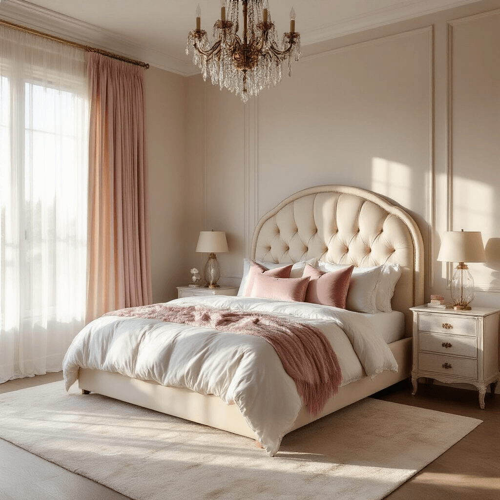 A feminine bedroom featuring a queen-sized bed with a cream-tufted headboard, blush pink pillows, and white linens, bathed in golden hour sunlight. Floor-to-ceiling sheer curtains adorn expansive windows, while a vintage brass chandelier casts soft shadows on pearl-gray walls. Dual marble-topped nightstands with glass lamps flank the bed, and a plush ivory area rug adds texture, all viewed from a low corner angle with a soft bokeh effect.