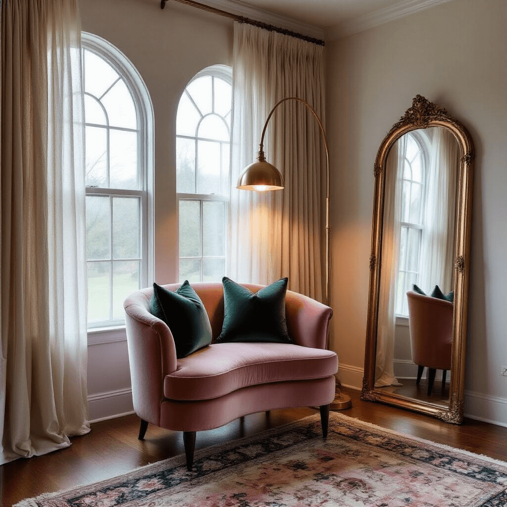 A cozy bedroom corner featuring a dusty rose velvet accent chair beneath a large arched window, with sheer white and champagne curtains. A brass floor lamp casts warm light, illuminating an antique gold-framed mirror and emerald green throw pillows on the chair. The scene includes gleaming hardwood floors and a vintage Persian rug in muted pastels, captured during blue hour for a moody atmosphere.