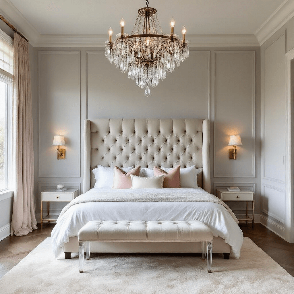 A sunlit master bedroom featuring a dramatic tufted bed wall with pearl gray paneling, an oversized champagne-colored headboard, crystal chandelier, blush and ivory throw pillows, twin brass sconces, and a lucite bench, all set on herringbone hardwood floors with a plush cream rug.
