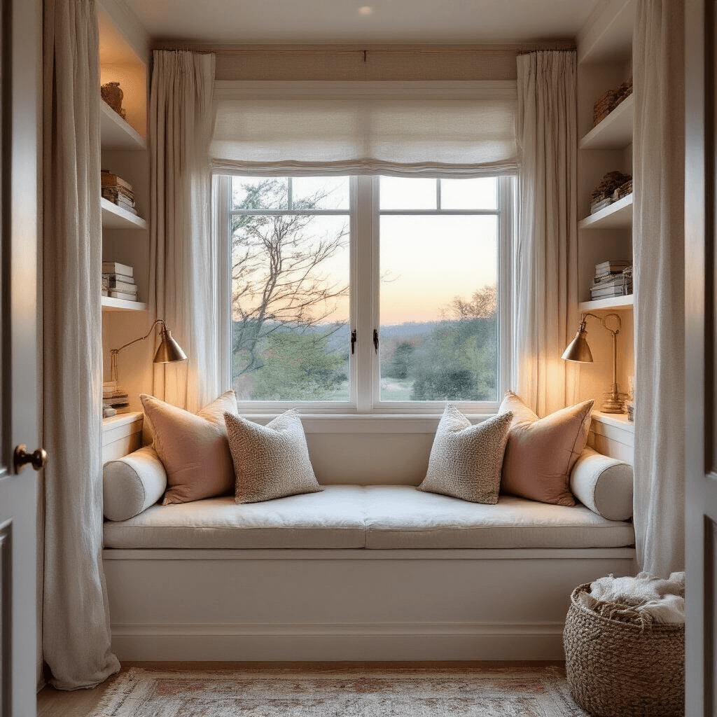 A cozy bedroom reading nook with a built-in window seat adorned with thick ivory cushions and textured pillows. Floating shelves showcase mixed metallic accessories, while sheer drapery filters sunset light. A brass task lamp illuminates the space, complemented by grasscloth wallpaper and a vintage Persian rug, captured from an elevated angle.