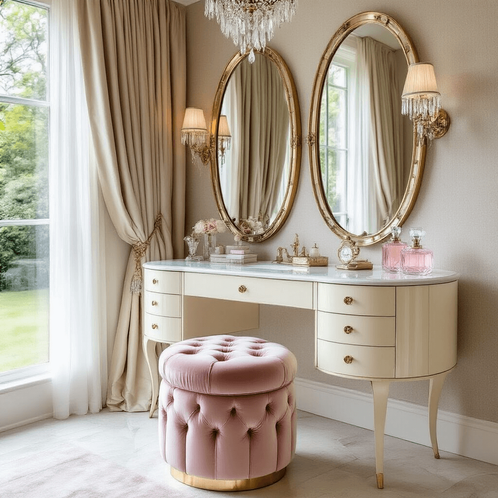 A glamorous bedroom vanity area featuring a cream lacquer art deco-inspired vanity, blush pink tufted stool, and a trio of oval brass-framed mirrors, all illuminated by morning light and surrounded by vintage accessories and crystal perfume bottles.