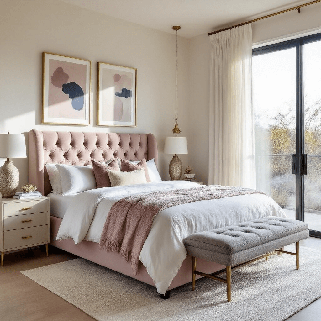 A modern feminine bedroom with a blush velvet tufted headboard, ivory linen bedding, and brass-accented nightstands, illuminated by golden hour light through sheer white curtains, featuring a gallery wall with abstract art, a dove gray boucle bench, and styled surfaces with peonies and gold accessories.