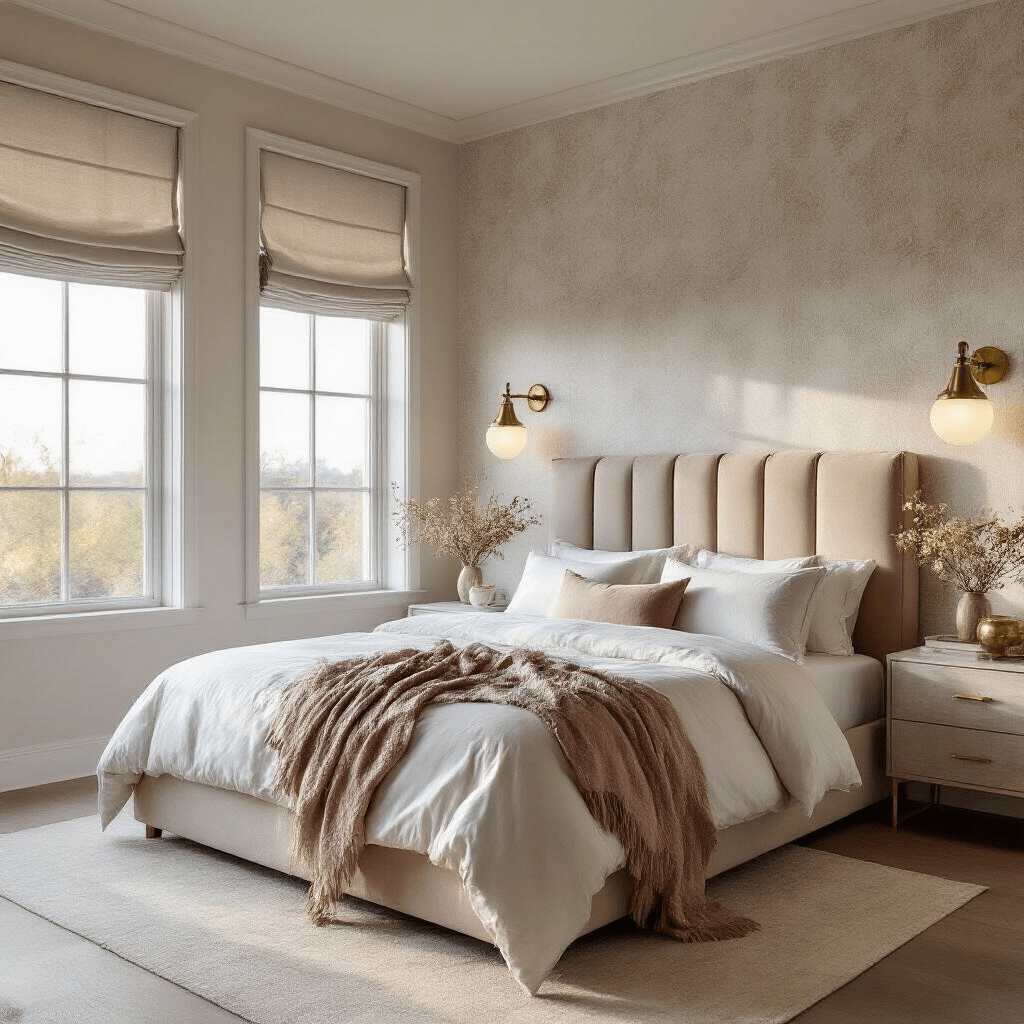 A cozy bedroom at dawn with soft light through roman shades, featuring a queen bed with a champagne velvet headboard, layered bedding in white and taupe, and a blush throw. Modern brass sconces illuminate marble-topped nightstands, styled with vintage frames and dried flowers.