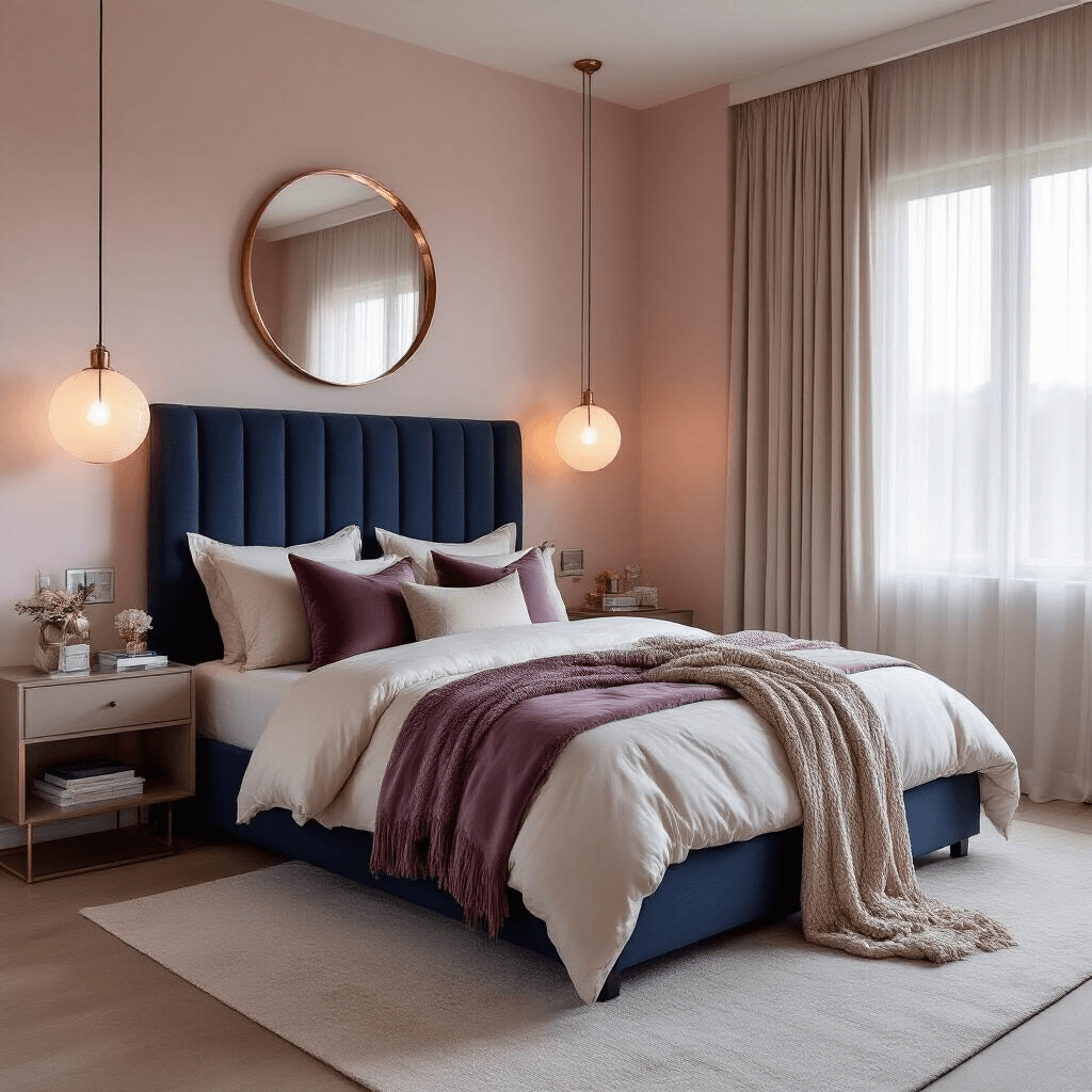 A wide-angle shot of a sophisticated primary bedroom at dusk, featuring a navy upholstered bed frame against soft blush walls, illuminated by pendant lights. The room showcases ivory silk bedding, mauve velvet pillows, and a dove gray chunky knit throw, complemented by a rose gold mirror above a modern console. Sheer drapery panels filter the evening light, enhancing the moody ambiance.