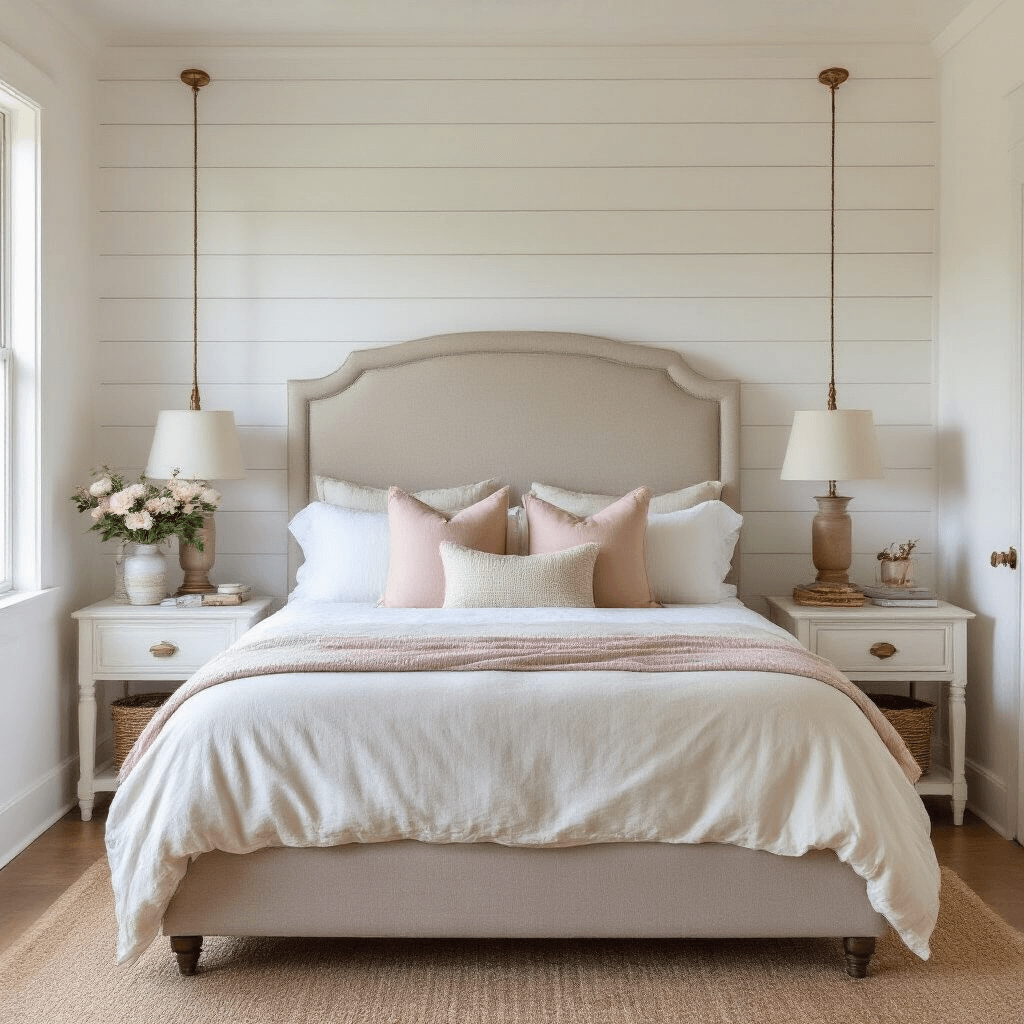 Bright and airy coastal-inspired bedroom featuring a taupe upholstered headboard against a white shiplap wall, with vintage-wash linen bedding in ivory, blush, and champagne pillows, matching nightstands with brass hardware, and styled trinkets, captured in mid-morning light.