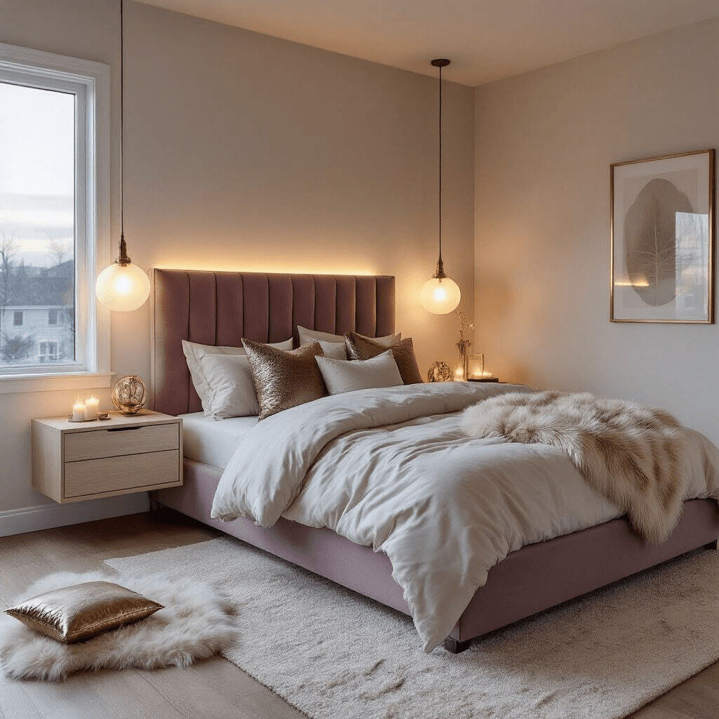 A cozy 12x13ft bedroom at twilight, featuring a modern platform bed with a mauve velvet headboard, plush ivory bedding, and metallic pillows, illuminated by mercury glass lamps and LED strips, with floating oak nightstands and candlelight accents.