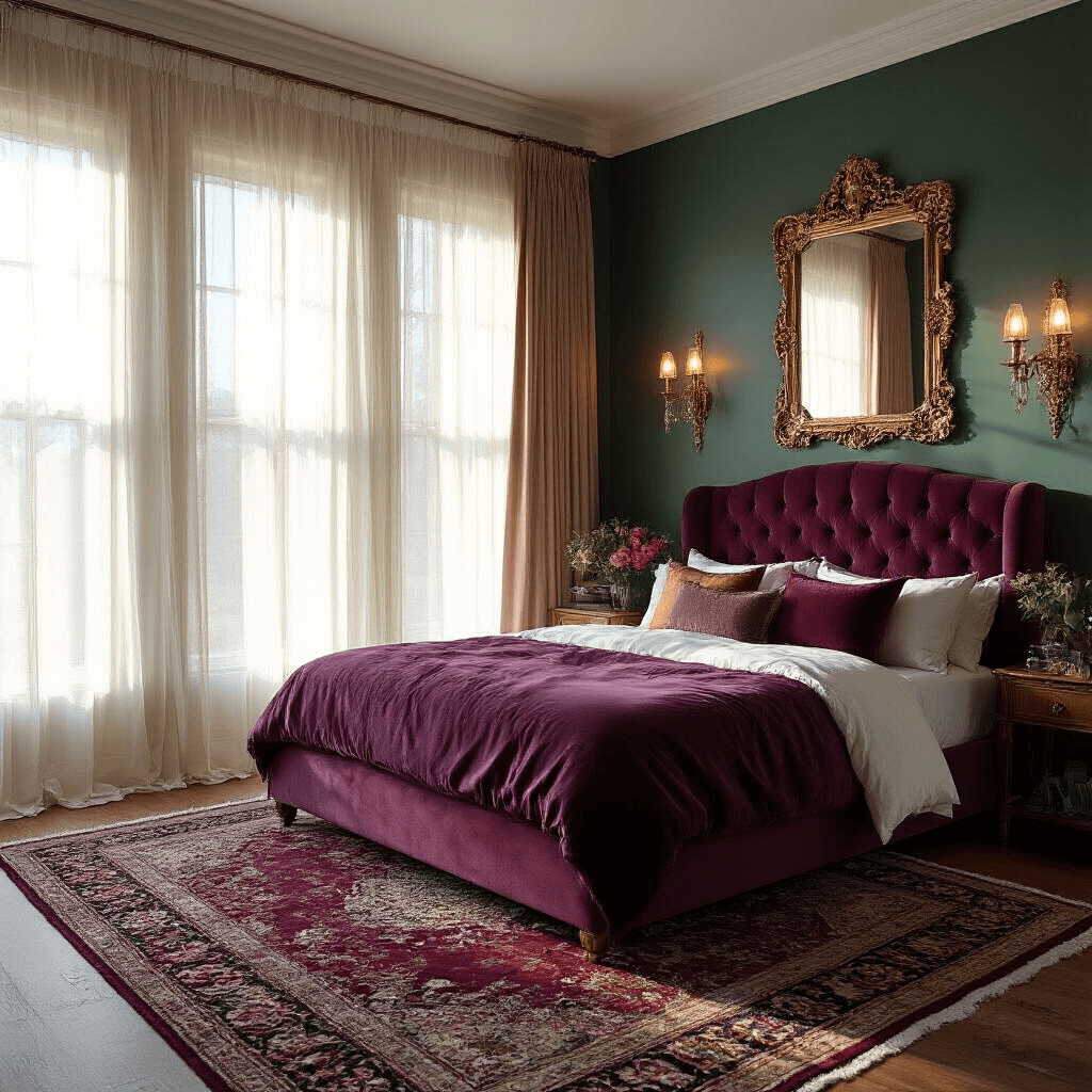 A moody feminine bedroom with a plum velvet tufted king bed, layered silk pillows, and dark emerald walls, illuminated by golden hour light and featuring an oversized antique brass mirror, crystal sconces, a vintage Persian rug, and a gallery wall of ornate gold frames, viewed from the doorway.