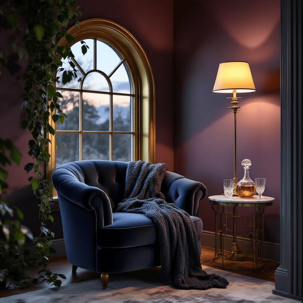 A cozy bedroom reading nook at dusk featuring a navy velvet accent chair under a gold-leafed arch window, illuminated by a warm brass floor lamp. A chunky knit throw drapes across the chair, while a marble side table holds a crystal decanter and glasses. Dark ivy trails on moody plum walls, enhancing the intimate atmosphere.