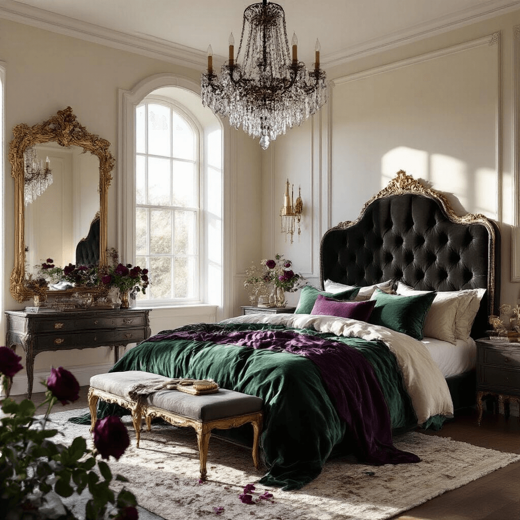 A sunlit master bedroom featuring a black velvet channel-tufted headboard, vintage crystal chandelier, and luxurious emerald, aubergine, and gold bedding, complemented by antique gold mirrors, dark roses, and brass accents.