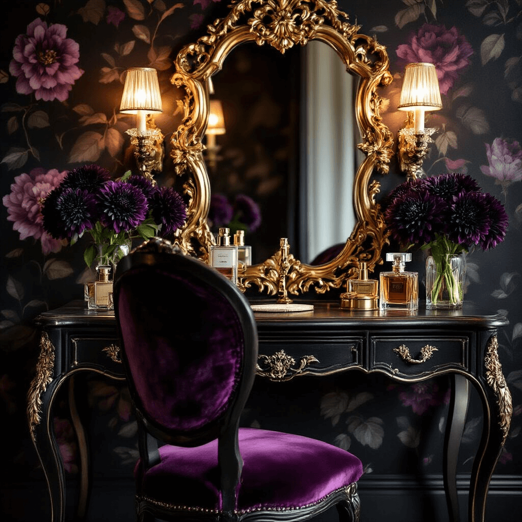 A luxurious twilight bedroom vanity scene featuring an ornate gold baroque mirror, crystal wall sconces emitting warm light, dark floral wallpaper, a vintage velvet vanity chair in deep plum, perfume bottles, brass accessories, and fresh black dahlias, all captured in soft focus with dramatic bokeh.
