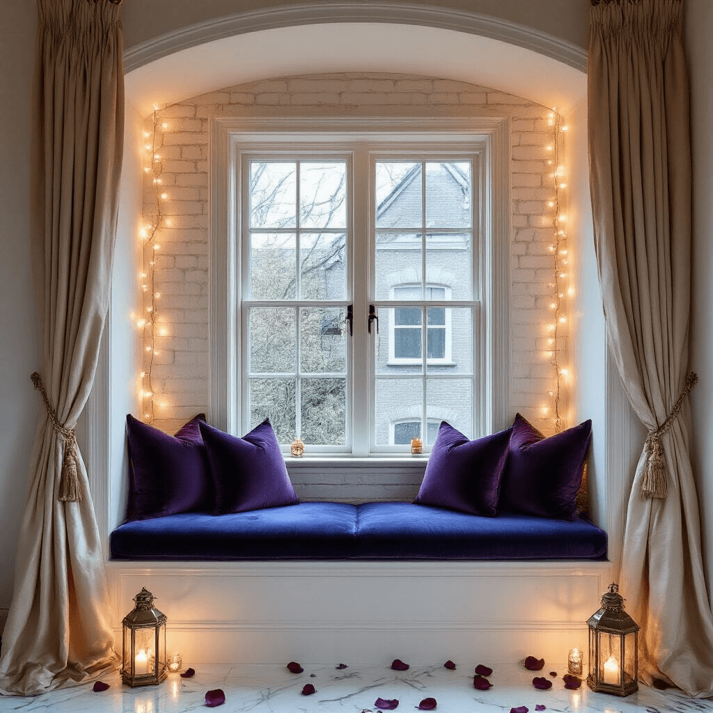 Cozy bedroom window seat in a 6ft alcove with architectural molding, featuring navy and aubergine velvet cushions against whitewashed brick, twinkling copper string lights, silk champagne curtains on marble flooring, and vintage brass lanterns amidst rose petals, captured at blue hour with a dreamy Dutch angle.