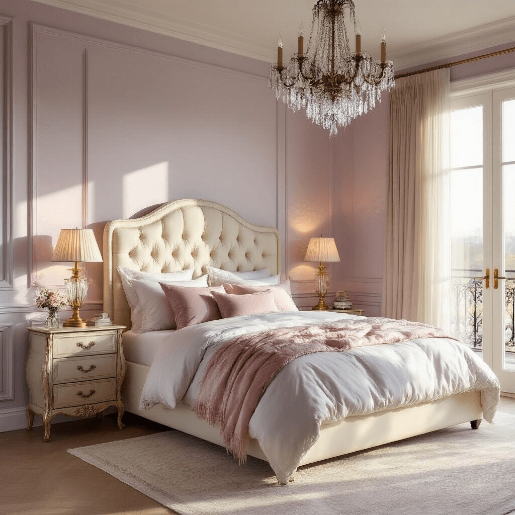 A luxurious master bedroom featuring a king bed with a cream tufted headboard, dressed in blush pink silk and dove gray velvet, illuminated by golden hour sunlight. Flanked by brass table lamps on vintage mirrored nightstands, the room has pale lavender walls and a crystal chandelier. French doors open to a Juliet balcony. The image is captured at bed level with soft depth of field, showcasing a serene atmosphere in a 16:9 landscape format.