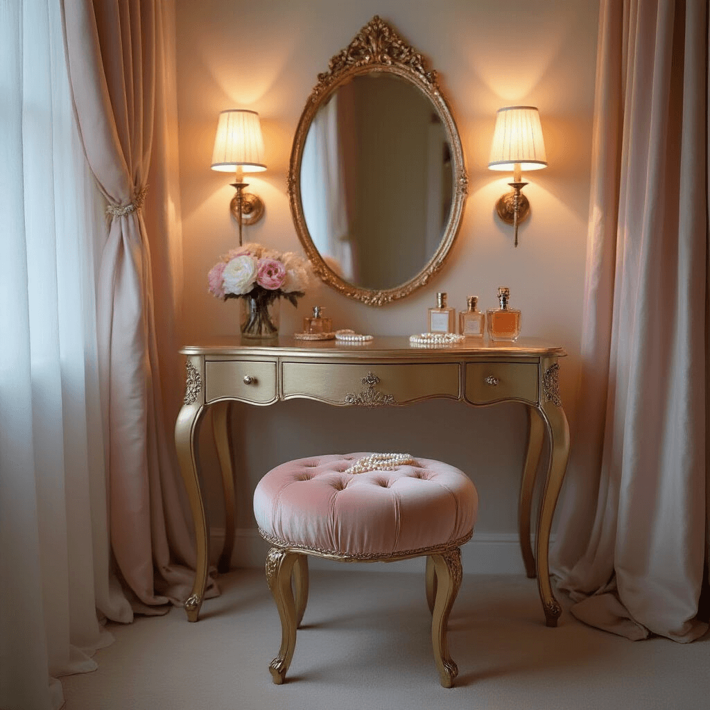 A sophisticated dressing area at dusk features a champagne gold vanity with curved legs under an ornate oval mirror. Soft light from wall sconces illuminates the space, highlighting a cushioned stool in blush velvet. Sheer curtains allow blue hour light to create an ethereal glow, complemented by vintage perfume bottles, fresh peonies, and a draped pearl necklace. A low camera angle captures the romantic ambiance, including the mirror's reflection.
