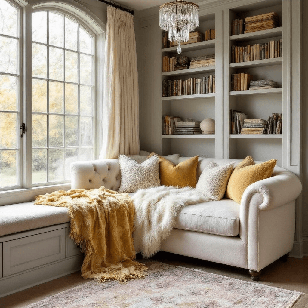 Cozy 10x12ft reading nook featuring a curved ivory chaise lounge with mixed texture throws, soft gray built-in bookshelves, a window seat with tufted cushions, and a crystal pendant light, all illuminated by natural morning light.