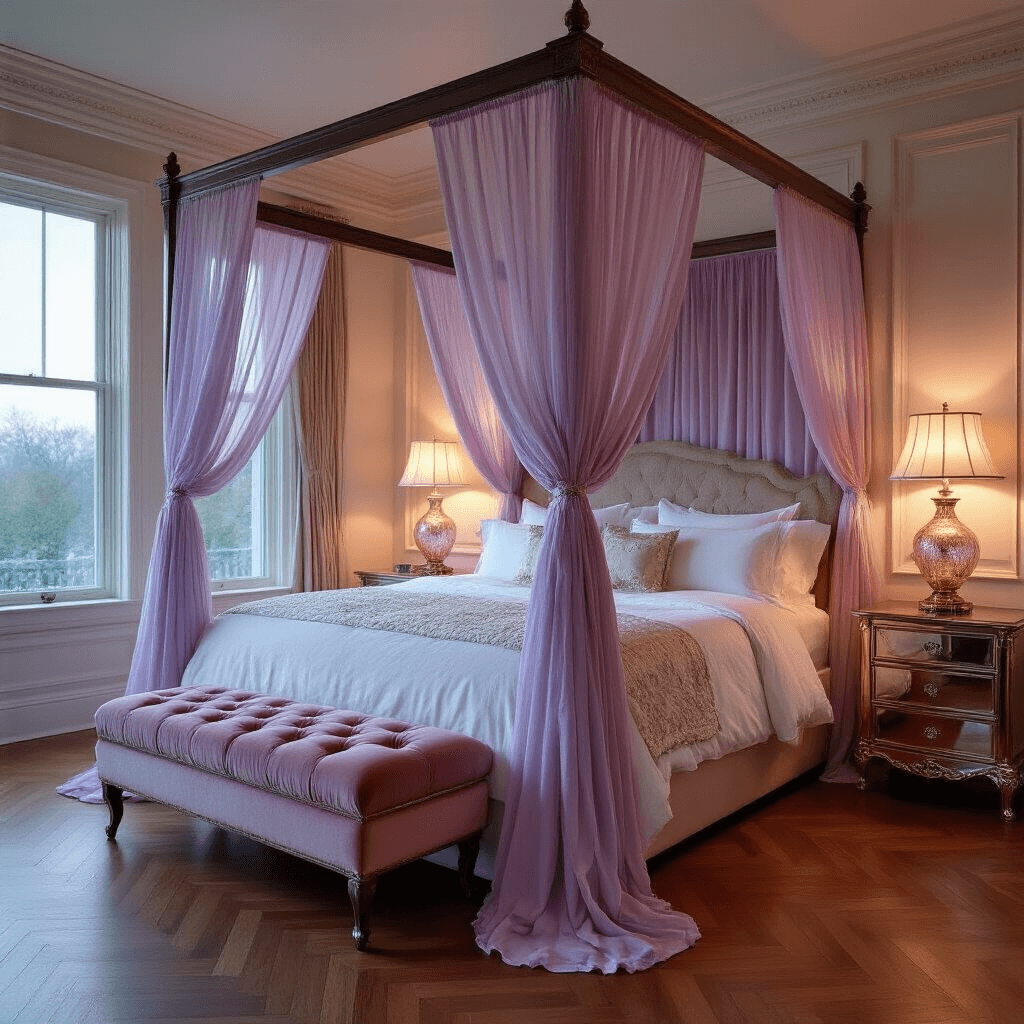 A luxurious twilight bedroom suite featuring a four-poster bed with lavender sheer panels and a white embroidered duvet, a rose gold velvet tufted bench, and an oversized antiqued mirror reflecting warm light from glass lamps, all set against herringbone hardwood floors and detailed crown molding in a dreamy atmosphere.