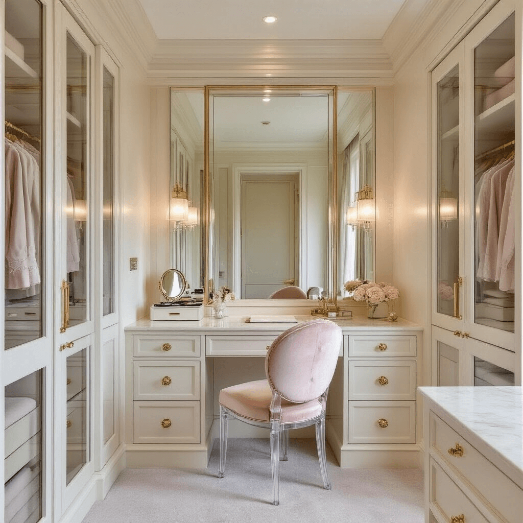 An elegant dressing suite featuring custom built-in wardrobes with glass doors, a central cream lacquer island, and a marble-topped dresser with a Venetian mirror. A ghost chair with a blush silk cushion is positioned at a makeup station, while crystal drawer pulls catch the soft morning light. The room is adorned with a plush dove gray carpet, with a clean, sophisticated atmosphere created by natural lighting and recessed spots.