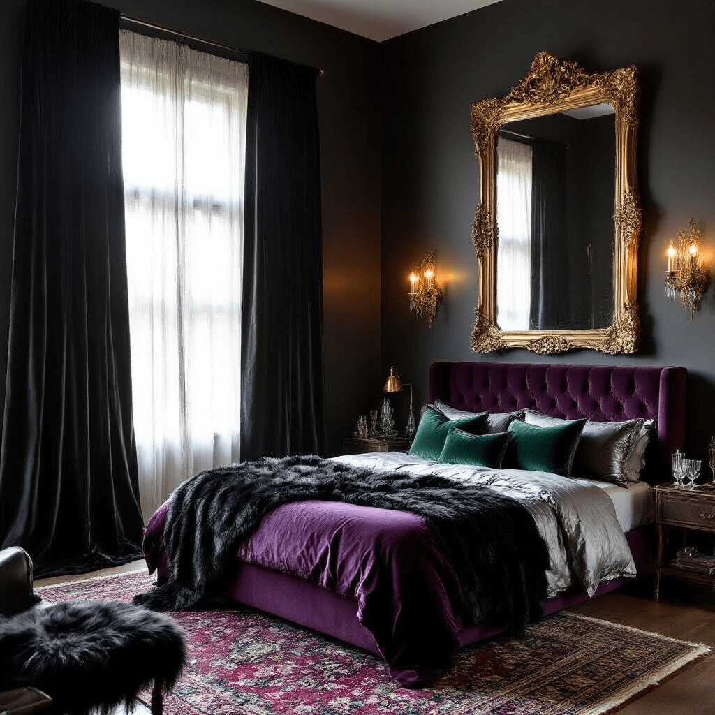 A luxurious bedroom featuring a king-sized bed with deep plum velvet and silver silk bedding, illuminated by warm light streaming through black silk curtains. An oversized antique gold mirror leans against a charcoal wall, and vintage brass sconces create intimate lighting. Textures include a black faux fur throw and emerald velvet pillows atop the bed, complemented by a jewel-toned Persian rug, with crystal decanters on a dark wood dresser.