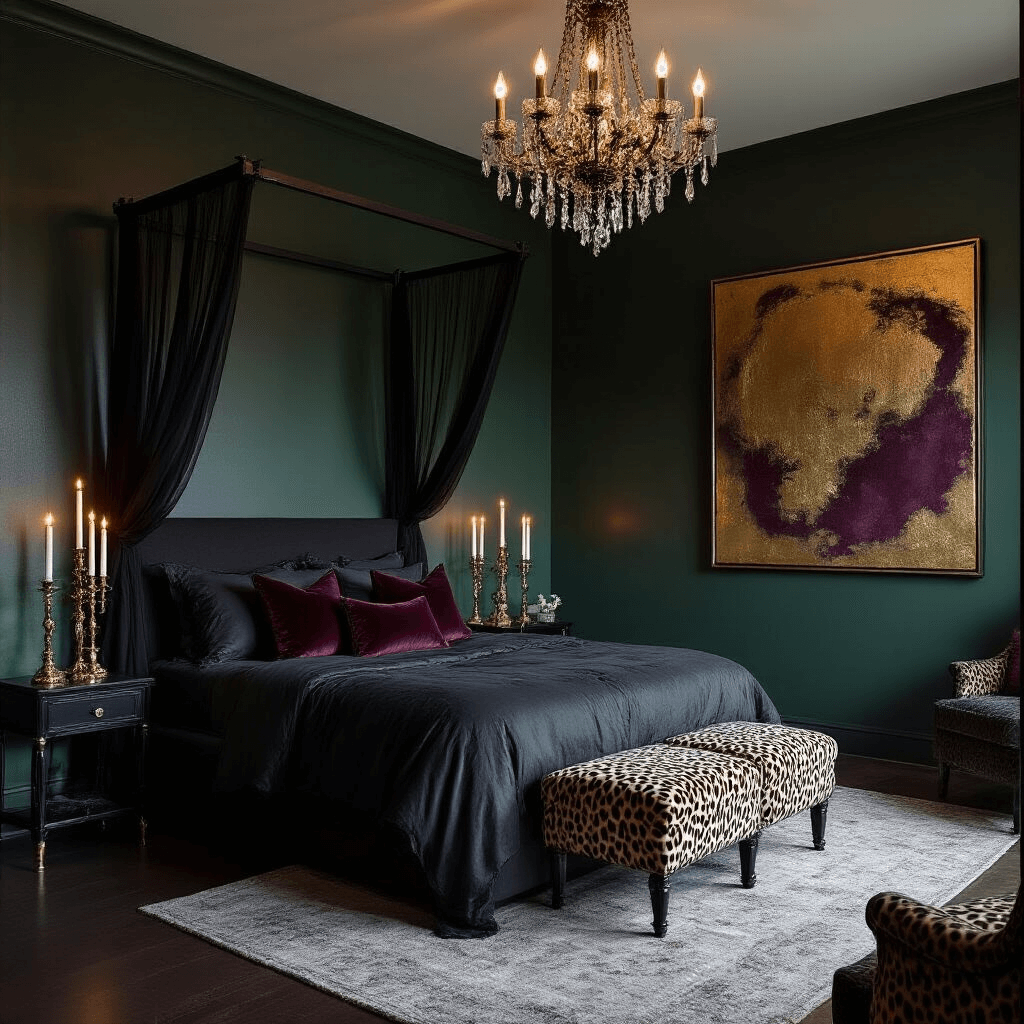 A dimly lit master bedroom at midnight, featuring a four-poster bed with sheer black drapes and charcoal silk bedding, surrounded by shadows cast by moonlight and candlelight on dark emerald walls. An oversized abstract canvas in gold and plum dominates one wall, while a crystal chandelier glows warmly above. A leopard print ottoman adds texture, and polished brass side tables with black candelabras complete the sultry, dramatic atmosphere.