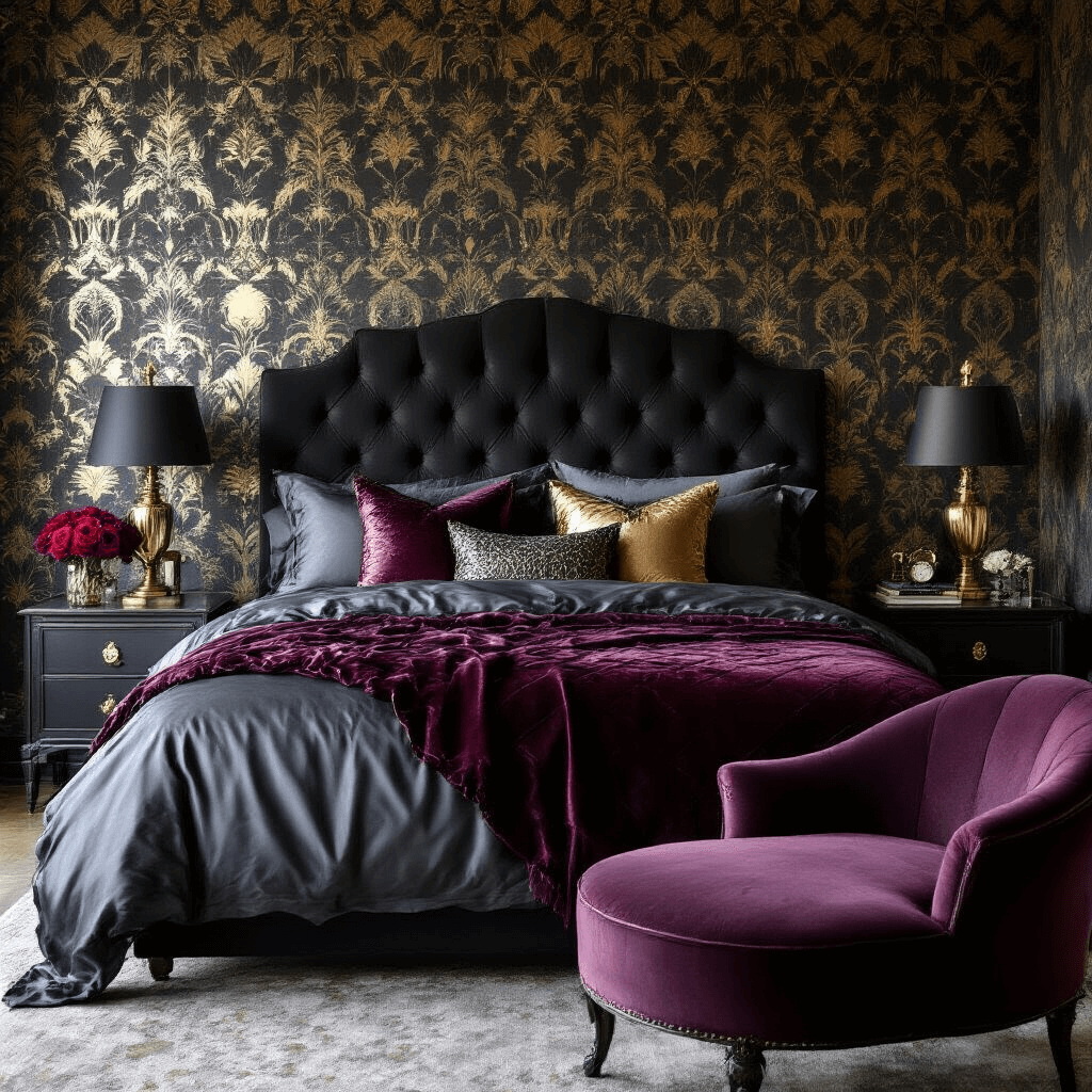 A sophisticated bedroom scene featuring a queen bed with a dark grey silk duvet and wine-colored velvet quilt, surrounded by metallic patterned pillows. The backdrop includes art deco wallpaper in charcoal and gold, complemented by a tufted black headboard and vintage brass lamps on matching nightstands. A deep purple velvet chaise decorates a reading nook, with fresh dark roses in mercury glass adding a feminine touch.