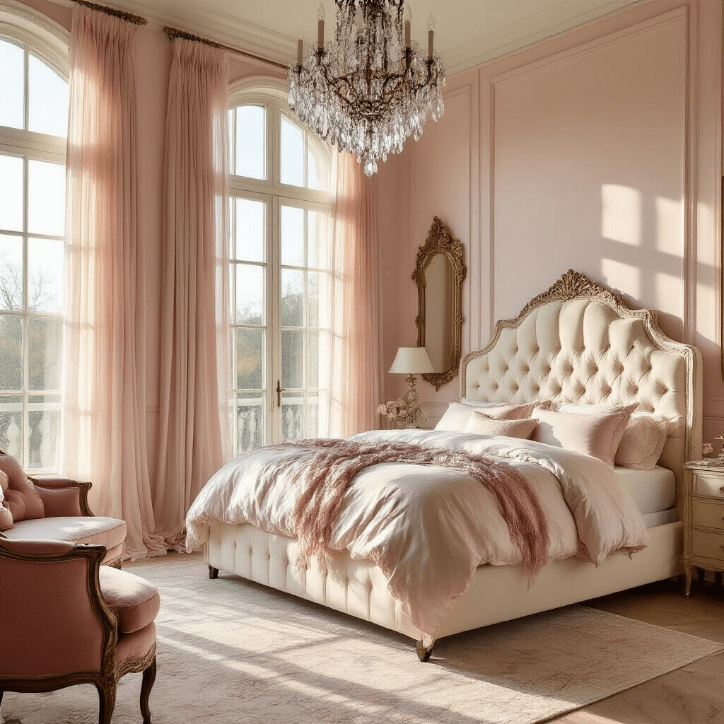 A spacious, elegantly designed bedroom with a king-size tufted cream velvet bed, dressed in soft pink and pearl white silk bedding, basking in golden hour sunlight. Floor-to-ceiling windows draped with sheer blush curtains illuminate the space, highlighting vintage brass-framed mirrors and a dusty rose settee beneath the window, with a crystal chandelier casting prismatic reflections on pale ballet pink walls.