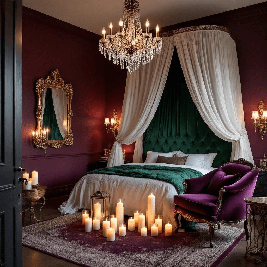 A cozy twilight bedroom featuring deep burgundy walls, an emerald green velvet canopy bed draped with sheer white fabric, LED candles, and a crystal chandelier, all reflecting warm light from a gold-framed mirror and vintage brass sconces, with an elegant plum velvet accent chair and gold side table in a reading nook.
