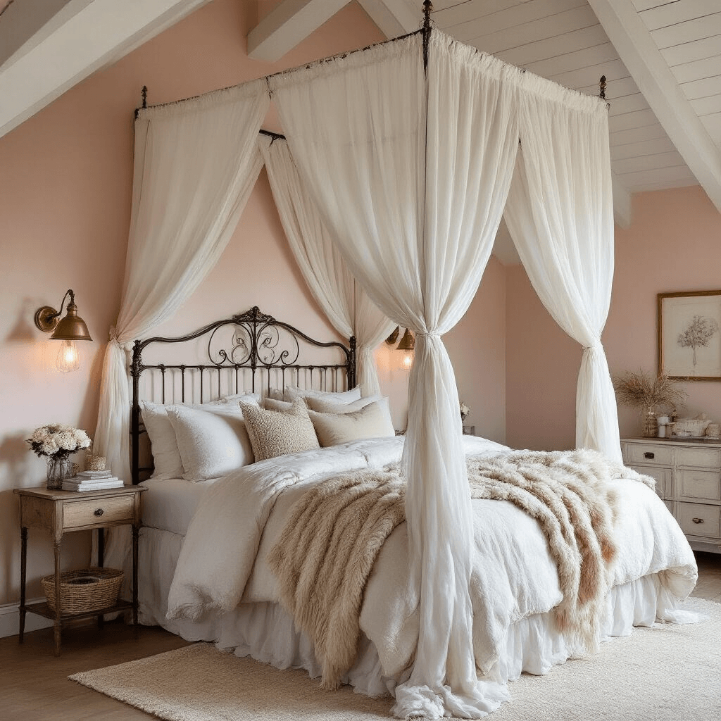 Cozy bedroom at dusk featuring a vintage iron bed with a white canopy, layered cream linens, faux fur throws, and chunky knit blankets, surrounded by blush walls and antique brass fixtures, shot from a corner perspective to highlight the cathedral ceiling and exposed beams.