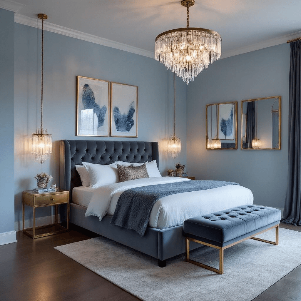 A modern romantic bedroom featuring a tufted grey velvet platform bed beneath a crystal chandelier, with pale blue walls and brass-framed abstract art, including matching velvet benches and geometric mirrors, captured during blue hour with ambient and accent lighting.