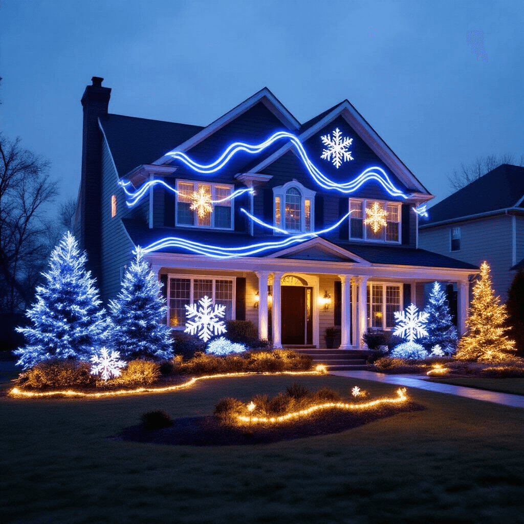 A stunning wide-angle view of a Colonial home at dusk, featuring synchronized LED light displays in cool white and warm gold, illuminating the roofline and windows, with wave patterns through evergreen trees and 3D snowflakes above garden beds, creating a magical and elegant atmosphere.