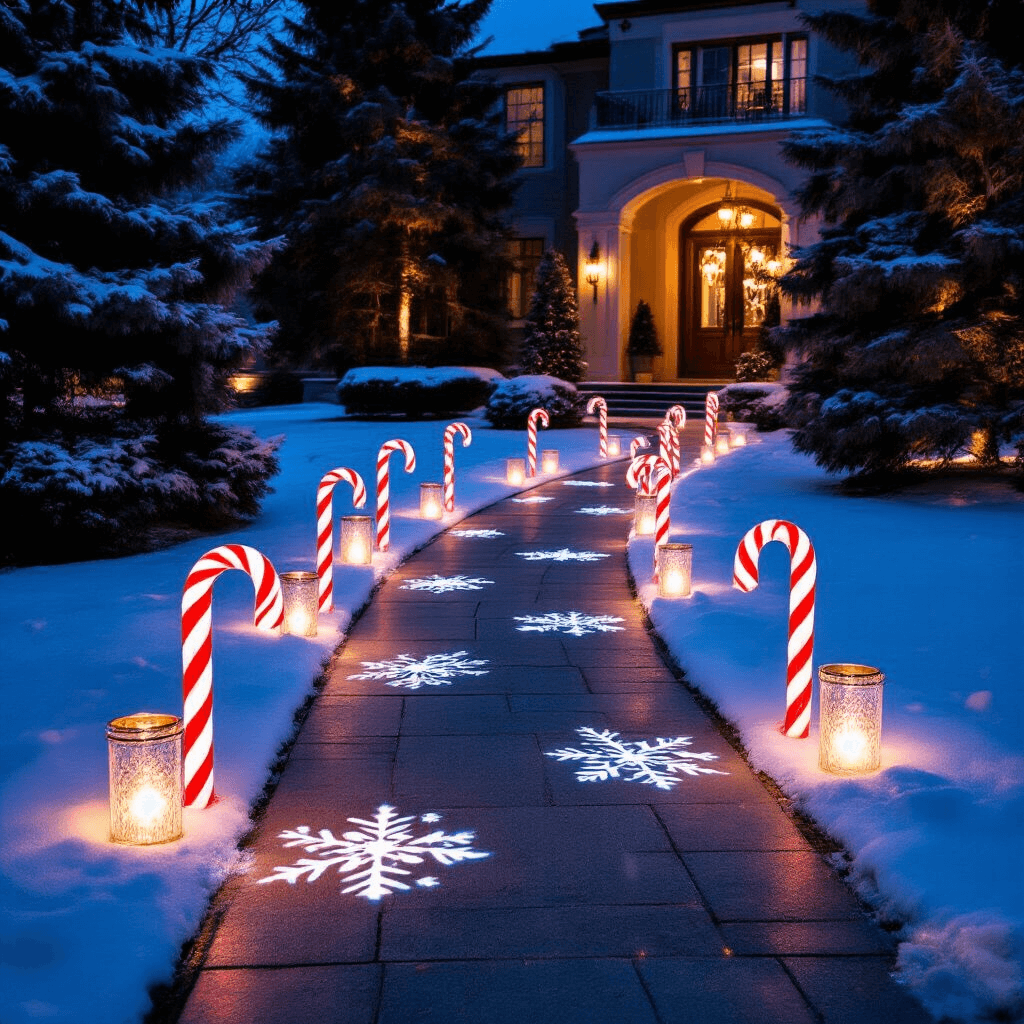 A nighttime front walkway with a 30-foot curved path lined with illuminated candy canes and frosted glass luminarias, leading to a grand entrance. The scene features warm white LED lights on fresh snow and laser-projected snowflakes. Uplighting in cool blue accents mature evergreens, creating a festive atmosphere with mercury glass, frosted acrylic, and weathered copper finishes.