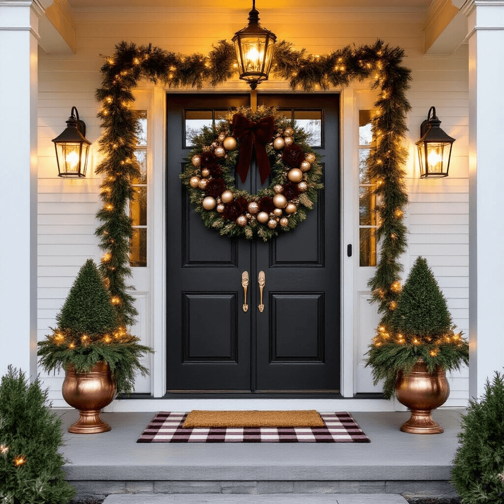 A welcoming front porch vignette at golden hour featuring 8-foot tall double doors adorned with a large evergreen wreath, symmetrical topiaries in copper planters, and a layered buffalo check and coir doormat. The deep portico casts dramatic shadows while warm white lights illuminate the scene.