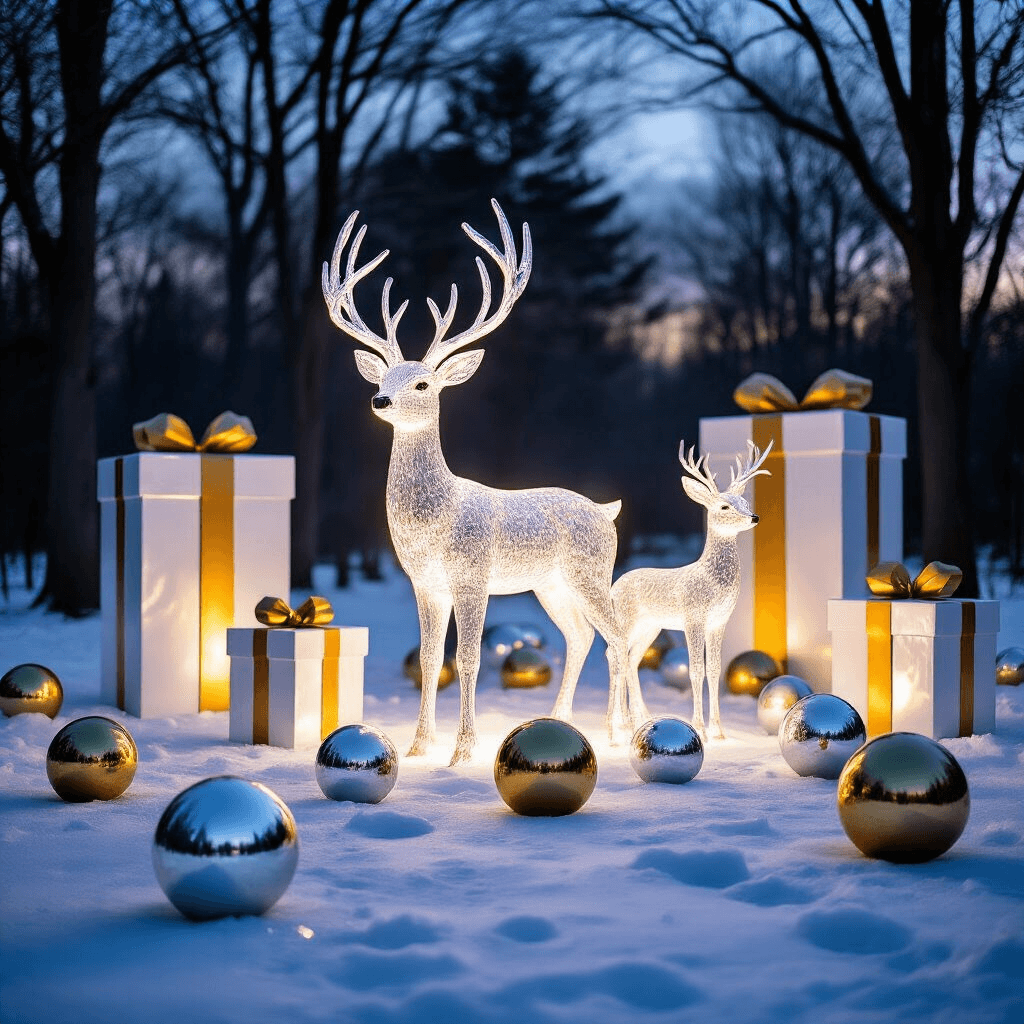 A dramatic twilight landscape featuring a 12-foot illuminated crystal deer family surrounded by 6-foot tall metallic white and gold LED gift boxes, with giant mercury glass ornament balls reflecting moonlight on a snow-covered ground, captured from a low angle to emphasize scale.