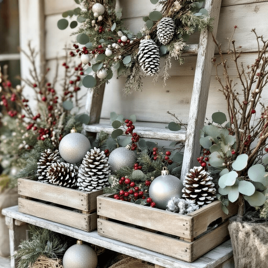 Close-up of a cozy DIY winter decoration scene featuring a whitewashed pine cone garland draped over a vintage ladder, mixed with chalk-painted dollar store finds, foraged branches, berries, and preserved eucalyptus, with rustic wooden crates holding oversized ornaments, all captured in natural daylight from a slightly elevated angle.