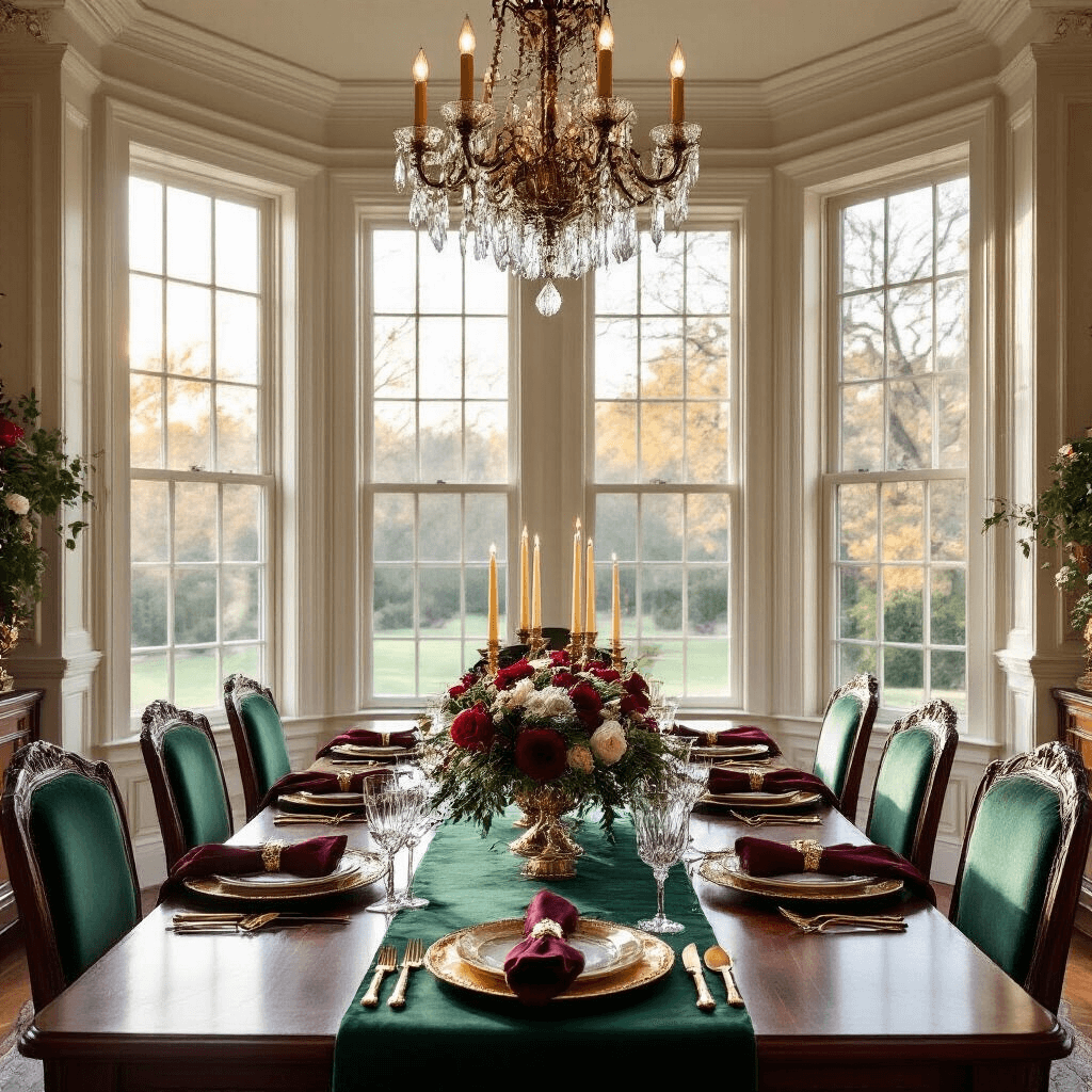 A lavish dining room featuring a 10-seat mahogany table with an emerald velvet runner, set with gold chargers, crystal stemware, and burgundy napkins, illuminated by warm golden hour light filtering through oversized bay windows. The scene includes brass candelabras with cream taper candles and a lush garland centerpiece of red roses, pine branches, and gold baubles, all beneath a crystal chandelier, captured from a low angle.