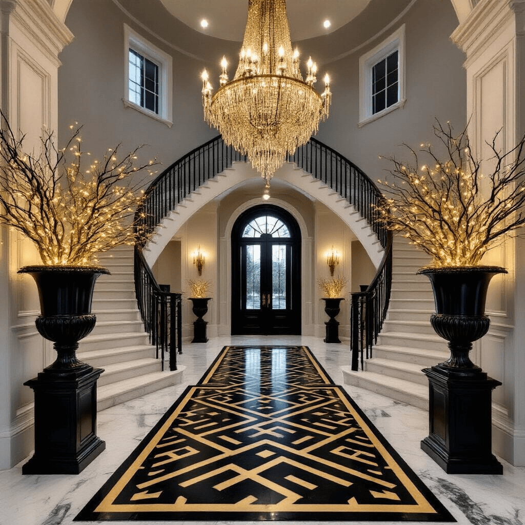 Dramatic foyer with a curved staircase, black urns filled with gold-sprayed branches, and a modern chandelier; marble floors with black and gold rugs, captured at dusk with moody lighting and an oversized mirror reflecting the elegant design.