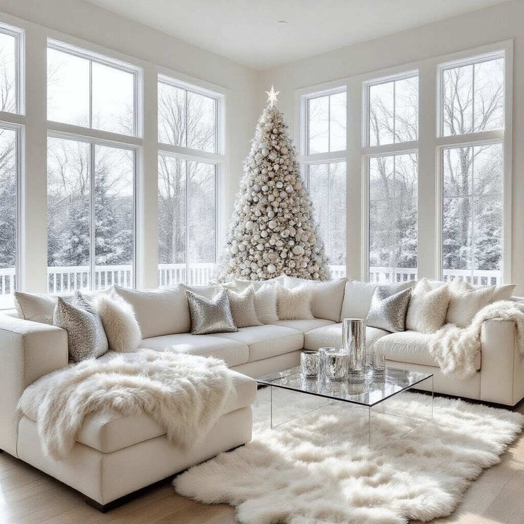 Bright winter living room featuring a cream sectional with faux fur throws, a flocked Christmas tree adorned in crystal and silver, and a lucite coffee table with mercury glass hurricanes, illuminated by natural and soft fill lighting through floor-to-ceiling windows.