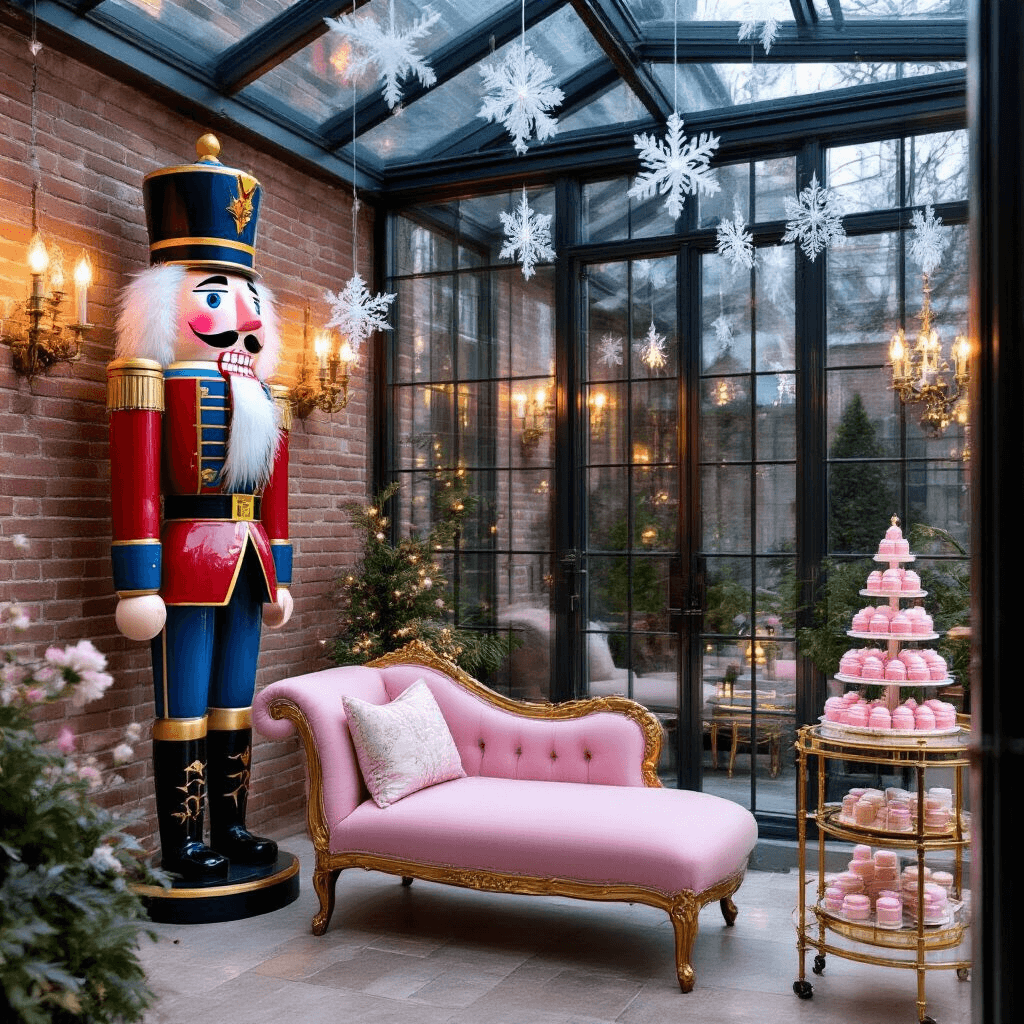 A glass-enclosed conservatory featuring a ballet pink chaise lounge under a towering nutcracker figure, vintage toys on gold étagères, suspended paper snowflakes reflecting light from crystal sconces, and a pastel macaron tower on a mirrored bar cart, all captured at twilight with a dreamy bokeh effect.