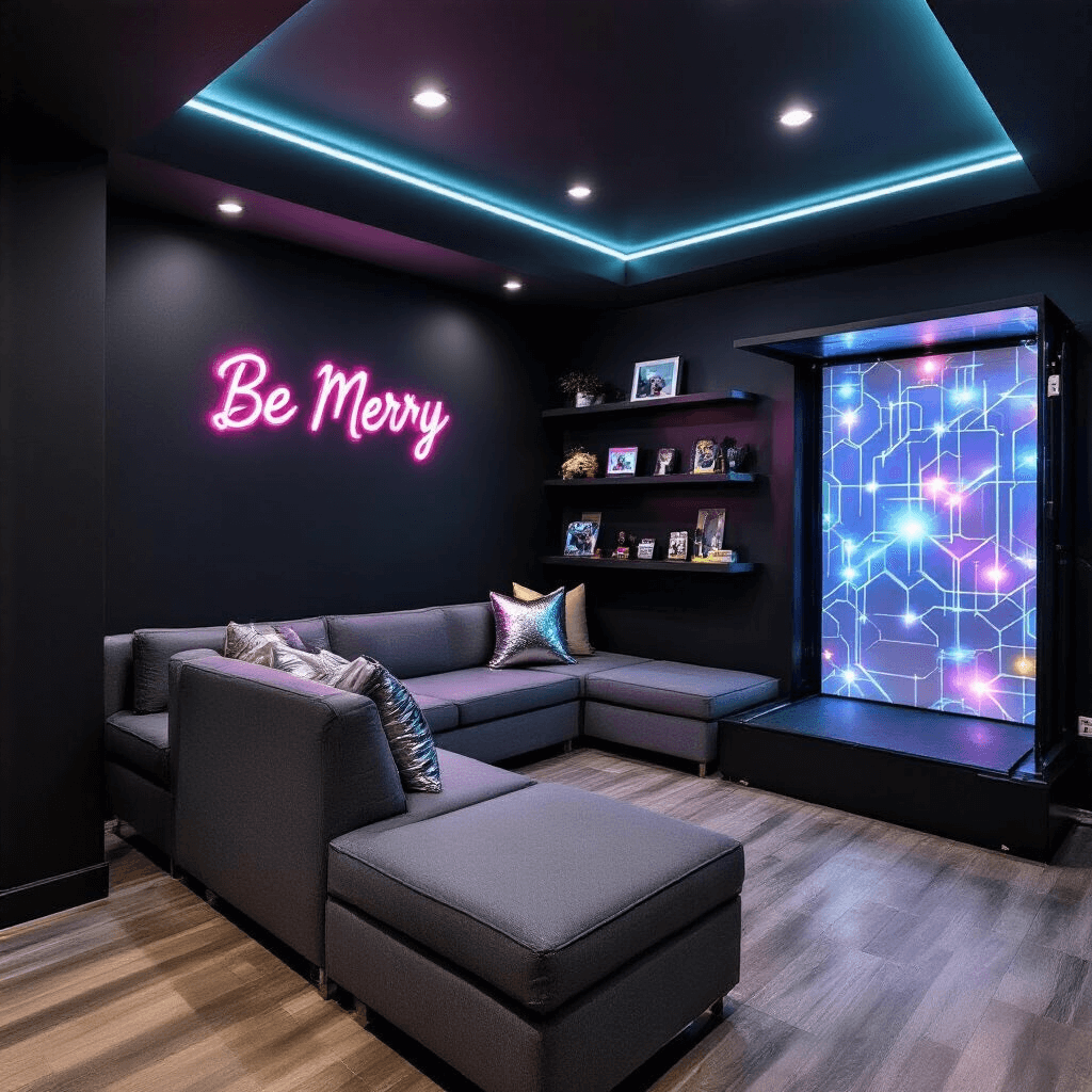 A contemporary basement lounge featuring a matte black accent wall with a neon 'Be Merry' sign, modular gray seating with metallic pillows, an interactive photo booth with a holographic backdrop, and tech-integrated decor on floating shelves, all illuminated by LED strip lighting in a high contrast night shot.